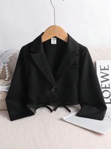 SHEIN 女童梭织纯色短款休闲风衣，休闲百搭梭织纯色翻领长袖修身白衬衫，返校季，返校季，夏季上衣，女童服装，娃娃衫，女童服装，搭配白衬衫外套，可爱上衣，返校季，母女/姐妹装。 - 黑色 - 查看 4