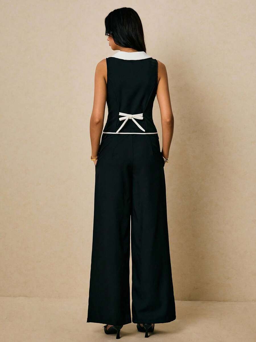 Poéselle 女士两件套休闲套装：撞色领单排扣背心和裤子 - 黑與白 - 查看 1