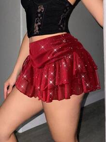 Sweetina 超低腰褶饰系带高开衩分层闪光网眼迷你裙 - 紅色 - 查看 3