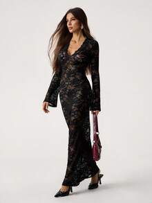 SHEIN Tall Spring Solid Black Lace See-Through Sexy Simple Elegant Deep V-Neck Long Sleeve Ruffles Women Tight Slim Mesh Women Maxi Dress Suitable For Valentine's Day Dress, Party Dress, Romantic Date Dress, Wedding Bridesmaid Dress, Prom Dress, Daily Commuting Dress, Black Dress, Birthday Dress, Autumn And Winter Black Lace Maxi Dress Black Lace Bodysuit Long Sleeve Lace Dress Night Out Dress Long Black Dress