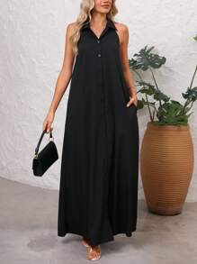 SHEIN Summer Sexy Solid Front Button Backless Dress - Black - View 7