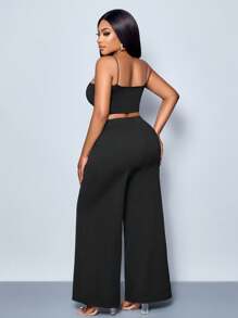SHEIN PETITE Plus Size Women's Solid Color Belt Metal Buckle Detail Wide Leg Pants, Tall Pants, Four Seasons Style, Party, Concert, Commuting Daily Style, Music Festival, Romance, Valentine's Day, Vacation, Spring And Summer Loose Pants Fall Cloth For Women - Black - View 6