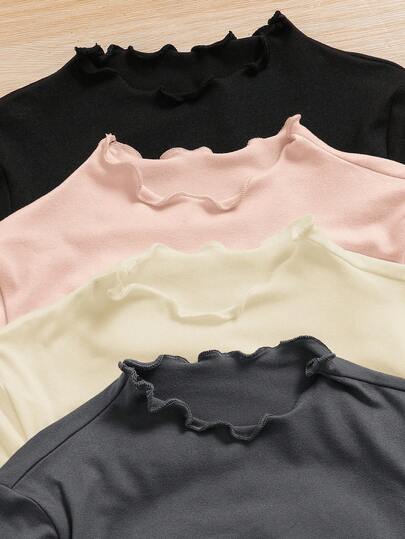 SHEIN LMoss Kids LMoss 少女 4 件套立领生菜边针织面料 T 恤，百搭，非常适合秋冬季休闲日常穿着和日常上学穿着。女童长袖衬衫，儿童女童纯色衬衫，女童纯色上衣，女童生菜边上衣。女士荷叶边领 T 恤，修身上衣，基本款上衣，上衣套装