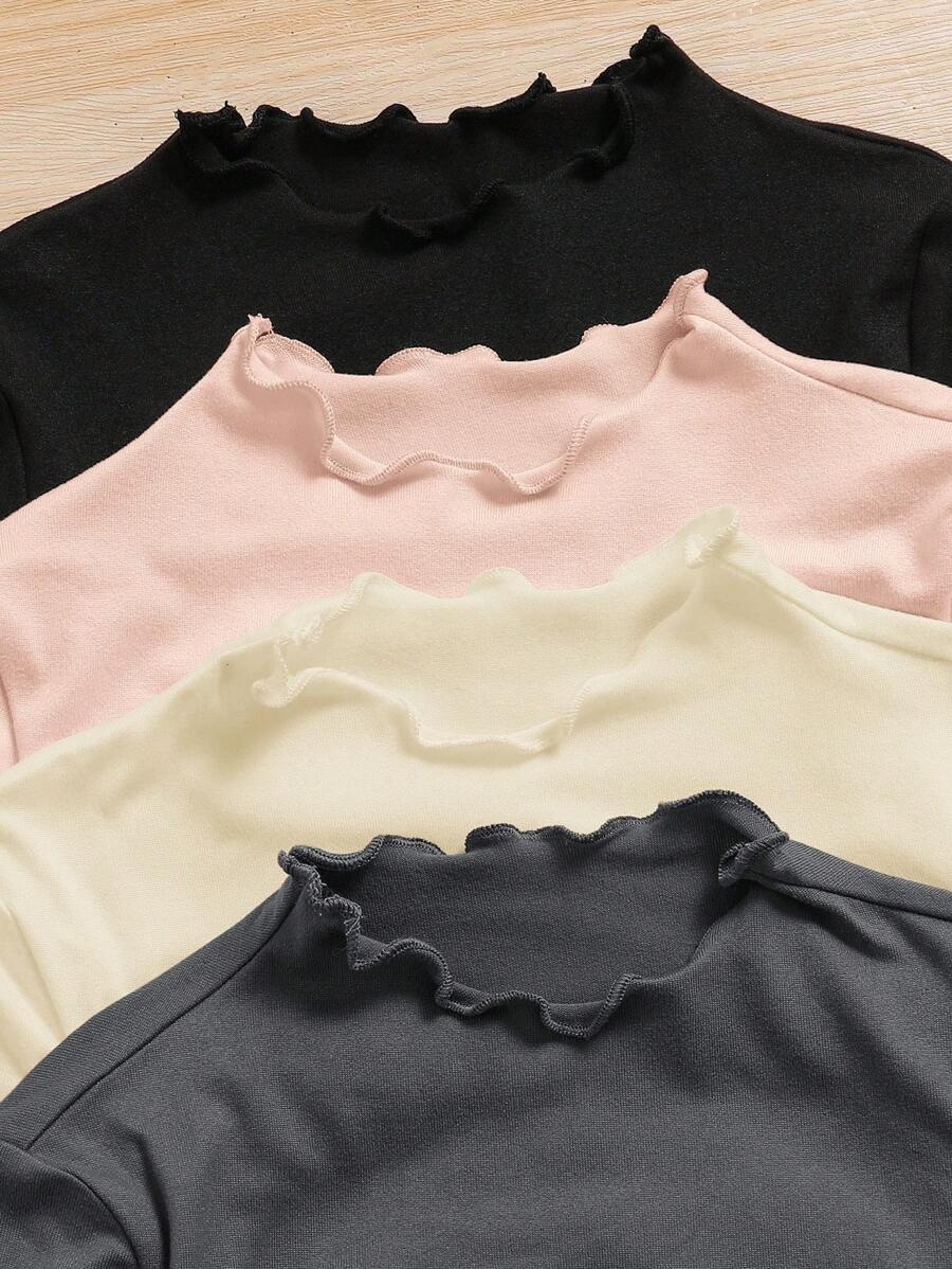 SHEIN LMoss Kids LMoss 少女 4 件套立领生菜边针织面料 T 恤，百搭，非常适合秋冬季休闲日常穿着和日常上学穿着。女童长袖衬衫，儿童女童纯色衬衫，女童纯色上衣，女童生菜边上衣。女士荷叶边领 T 恤，修身上衣，基本款上衣，上衣套装 - 黑色 - 查看 1