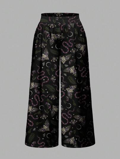 Goth Pantaloni oversize con stampa integrale di stile gotico, misteriosa strega oscura, serpente, falena, luna, foglie e ali, adatti per taglie comode