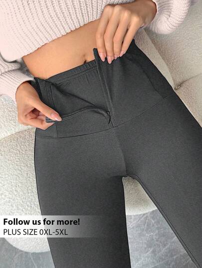 Firerie 大码黑色喇叭裤，休闲优雅日常通勤运动高腰带口袋拉链紧身裤，春夏秋季