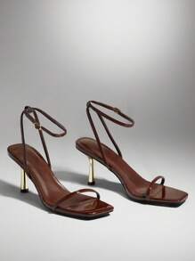 SHUZIA 热销女士优雅巧克力色PU踝扣带方头中跟派对春夏高跟舞蹈凉鞋 - 巧克力棕 - 查看 3