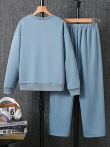 青少年秋冬两件套男童宽松落肩圆领毛衣抽绳腰直筒裤套装返校服男孩,校服,返校服 - 藍色 - 查看 2