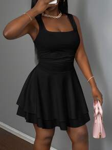 Slaydiva 2026 Spring & Fall New Arrival Vacation Casual Romantic Basic Street Everyday Sexy Elegant Office Party Clubwear Pure White Sleeveless V-Neck Layered Short Dress For Plus Size Women,Back To School,Wedding Guest Dress Women - Black - View 7