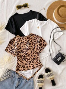 3pcs/Set Girls Teen Crew Neck Short Sleeve Fitted Asymmetric Hem T-Shirts, Black, White, Leopard Print, Summer Casual Leopard Print Top Cheetah Print Top Animal Print Top Casual Tops For Teen Girls Teen Girl Clothes