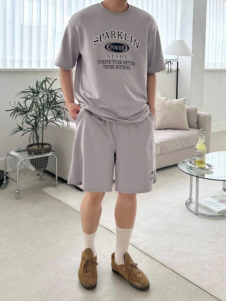 Letter Printed Grey Men's T-Shirt Set, Summer