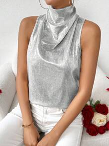 SHEIN LUNE 时尚金属色立领褶饰背心 - 銀色 - 查看 5