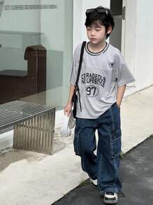 Dazy Kids Camiseta de manga corta de corte suelto informal con estampado de letra para niños preadolescentes, para el verano - Gris - Ver 7