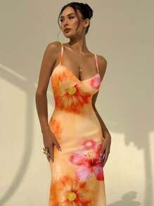 Aloruh 橙色热带花卉优雅迷人风格春夏假期细肩带紧身性感印花女式连衣裙，适合暑假、海滩、派对