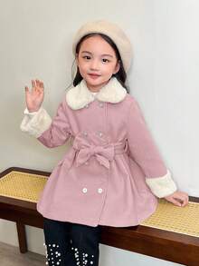 SHEIN 秋冬少女双面羊毛人造毛领系带夹克 - 紅白色 - 查看 3