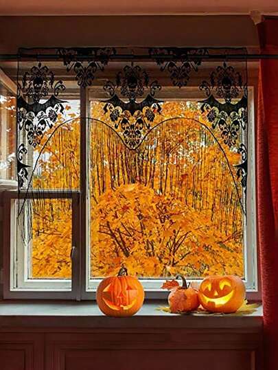 Goth 1pc Black Lace Door Curtain, Gothic Style Door Curtain,Halloween Bat Curtain - Black Lace Tassel Door/Window Curtain For Haunted Decor,Home Decor