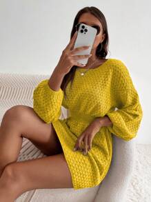 SHEIN LUNE Vestido casual de punto de cuello redondo, hombros caídos, manga larga y cintura ajustada de unicolor para mujer - Amarillo - Ver 5
