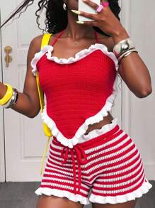 Slaydiva Women's Summer Red And White Stripe 2-Piece Knitted Set,Heart Shape Pendant Halter Top & Plaid Shorts,Casual Beach Vacation,Holiday Music Festival - Red - View 1