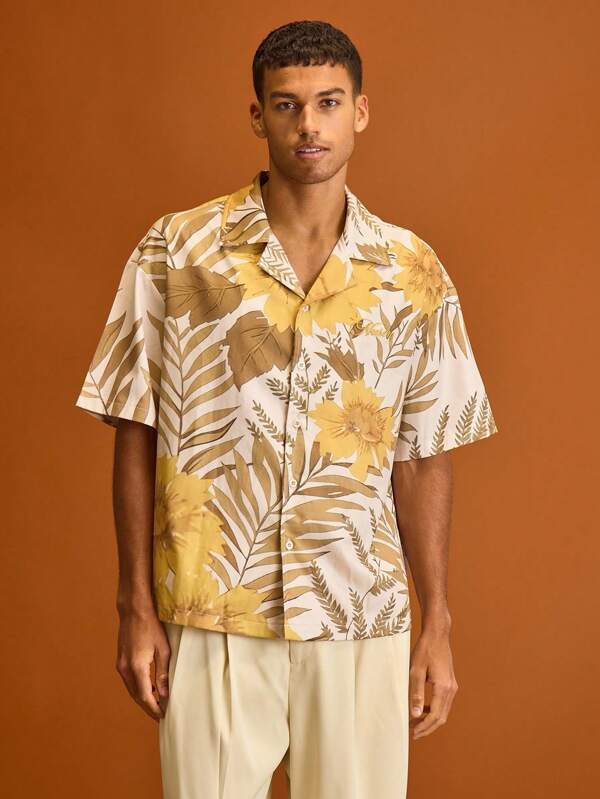 Musero 男士宽松印花纽扣翻领衬衫，夏季度假风