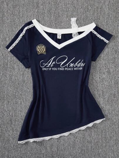 1pc Teen Girls American Style Short Sleeve Fitted Patchwork Snug Fit Print Contrast Color T-Shirt With Lace Trim, Summer