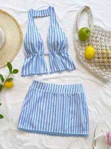 Soleia Textured Floral Trim Halter Cropped Backless Tie-Up Waist 2 Pieces Outfit For Women, Sexy Party Date Summer Wear For Vacation, Music Festival, Boho - Blue and White - View 3