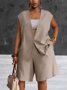 Veslaya 复活节西部海滩波西米亚乡村音乐节热带度假大码女装，百搭休闲简约基本款夏季海滩优雅西装外套和短裤套装 - 咖啡棕 - 查看 11