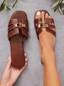 SHUZIA Women's Gold Lock Stitching Detail Square Toe Flat Premium Oil-Finished PU Brown Slides-Sophisticated, Elegant & Stylish For Christmas