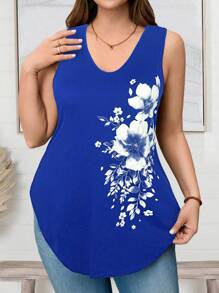 EMERY ROSE 大码女式 V 领无袖弧形下摆花卉错位休闲上衣，春夏无袖花卉背心 - 寶藍色 - 查看 4