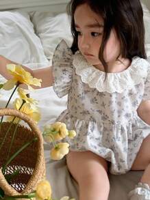 DAZY 女婴夏季休闲碎花荷叶边连体衣 幼儿女童服装 - 杏色 - 查看 1