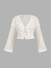 SHEIN MOD Plus Size Women's Solid Color V-Neck Elegant Flare Sleeve Top, White Mesh Top, See Through Top, Lace Blouse,Vacation Outfits Woman,Beach Vacation Wear,Tea Party, Crochet Tops For Women, Lace Tops For Women