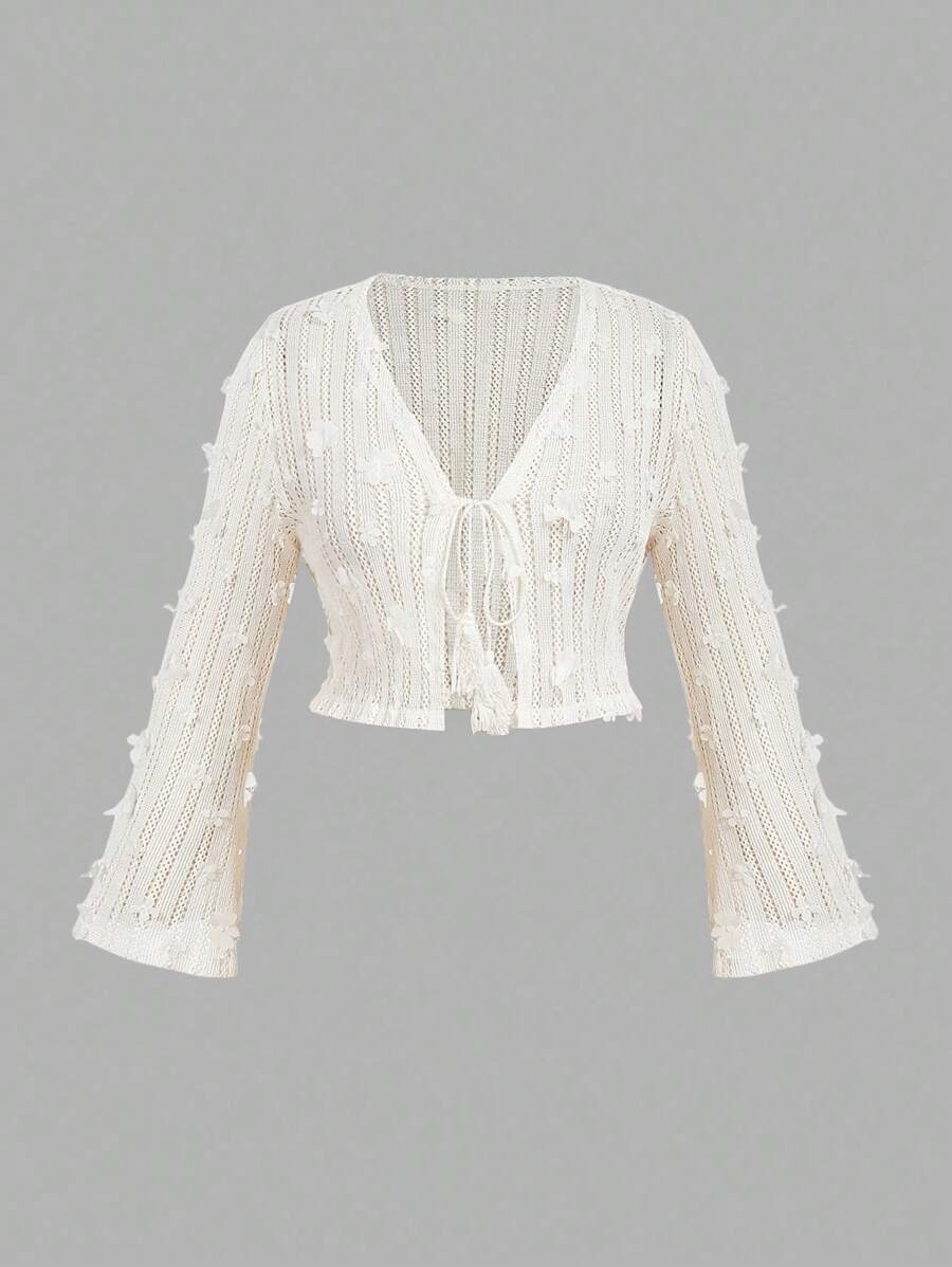 SHEIN MOD Plus Size Women's Solid Color V-Neck Elegant Flare Sleeve Top, White Mesh Top, See Through Top, Lace Blouse,Vacation Outfits Woman,Beach Vacation Wear,Tea Party, Crochet Tops For Women, Lace Tops For Women