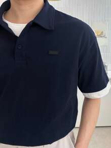 DAZY 男士撞色拼接 Polo 衫，夏季商务装扮 - 藍色 - 查看 3