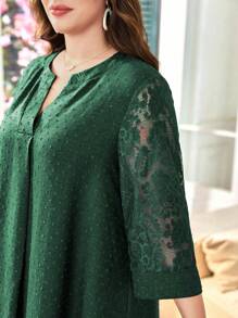 Lacomfia Vestido plus size feminino solto casual confortável elegante estilo árabe, gola redonda, cor contrastante, renda vazada, patchwork, design texturizado - Verde - Ver 6