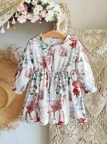 SHEIN Vestido de manga larga de punto para bebé niña, elegante vestido versátil y a juego de estilo pastoril y país, con estampado floral y botánico adorable y de moda - Multicolor - Ver 3