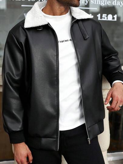 Manfinity Homme 男士加大码PU皮双层长袖休闲夹克，秋冬季保暖内衬夹克