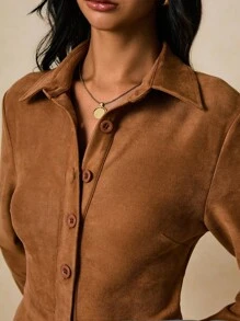 Poéselle Women's Casual Retro Front Button Romper - Brown - View 3