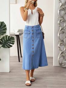 EMERY ROSE Chân váy denim đơn hàng túi hộp thường ngày cho nữ - Màu xanh lam - Xem 5