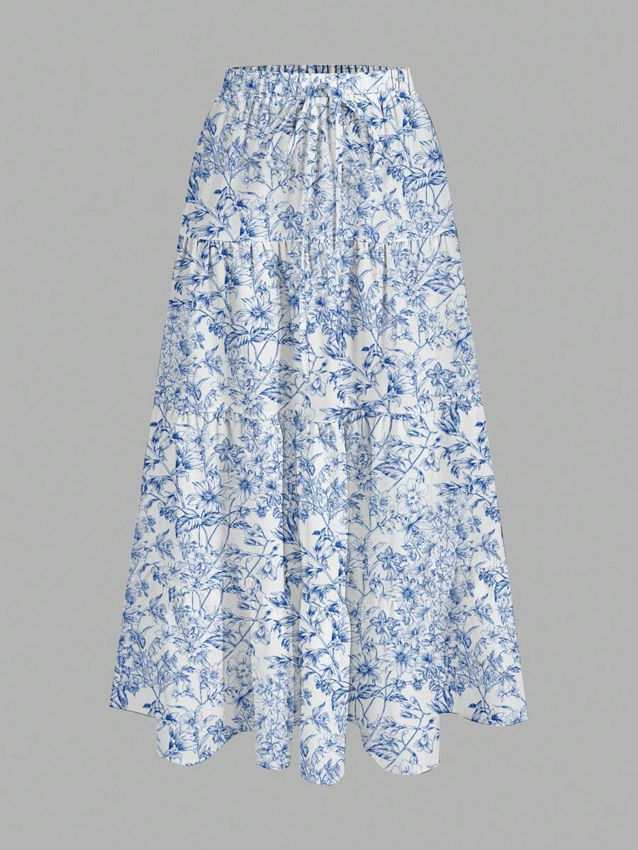 SHEIN EZwear 女士休闲度假三层蛋糕裙，适合夏季和度假，蓝白花卉、树枝和树叶印花 - 彩色 - 查看 1