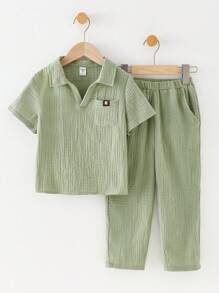 SHEIN 2pcs/Set Kids Boys Summer Casual Pullover Short Sleeve Top And Pants Set,Suitable For School,Garden,Beach,Birthday,Spring,Autumn,Winter Seasons - Mint Green - View 3