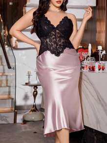 SilkySpell Vestido longo feminino plus size de renda, camisola, elegante vestido de dormir rosa de cetim, pode ser usado em todas as estações - Rosa - Ver 3
