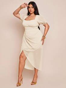 SHEIN BAE 大码女式绿色雪纺褶饰高开衩无袖连衣裙，短袖连衣裙，春夏