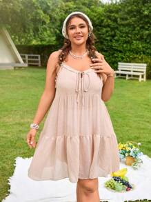 Swim Mod 大码女式单肩带多层拼接性感休闲度假沙滩裙 - 杏色 - 查看 1