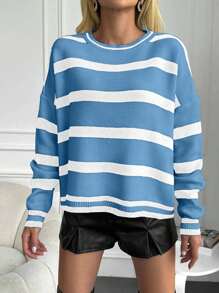 EURMUSE Women's Striped Loose Drop Shoulder Long Sleeve Casual Pullover Sweater,Jumper,Cream Jumper,Jumpers,Black Jumper,Women's Jumper,White Jumper,Women's Jumper,Women's Jumpers,Winter Clothes - Baby Blue - View 5