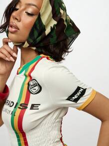 SUMWON WOMEN 天堂岛婴儿 T 恤夏季褶饰腰部拉斯塔条纹短款上衣赛车号码军装风格头巾节日度假海滩