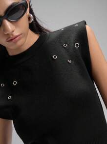 LYSMO Decorazione in metallo nero minimalista, spalle larghe, colletto alto piccolo, stile old money, abbigliamento da ufficio per donna, comodo e casual, versatile per pendolarismo e campus - nero - Visualizzare 8