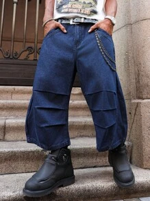 PAVTROS Manfinity Streetrush Modern Men's Navy Blue Denim Wide Leg Pants. Elevate Your Street Style With These Avant-Garde Baggy Jeans, Crafted For A Distinctive And Comfortable Oversized Fit. - Navy Blue - View 5