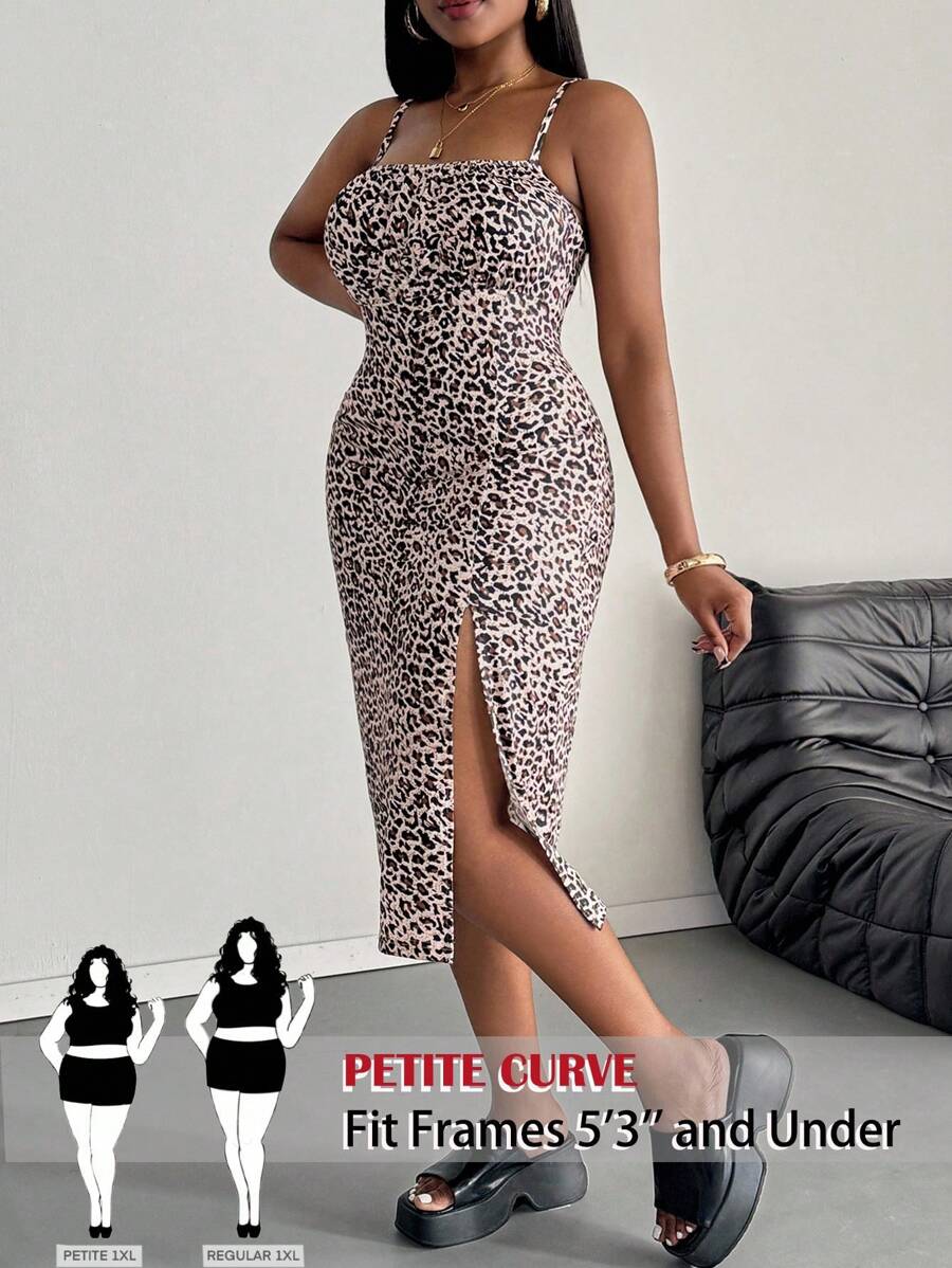 SHEIN PETITE CURVE Leopard Print Slit Midi Cami Dress,Summer Dresses For Women - Multicolor - View 1