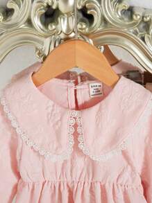 SHEIN 2pcs/Set Baby Girl Spring&Autumn Casual Style Suit Long Sleeve Lace Decoration Top&Long Pants - Pink - View 4