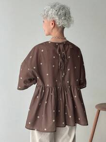 FRIFUL Women's Backless Tie-Up Ruched Ditsy Floral Casual Versatile Blouse - Brown - View 5