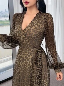 Modelyn Đầm thanh lịch buộc dây phía trước họa tiết da báo cho nữ tay đèn lồng - màu nâu - Xem 5